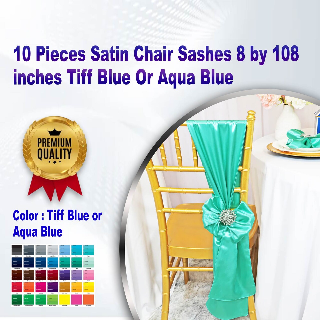 10 Pieces Satin Chair Sashes 8 by 108 inches Tiff Blue Or Aqua Blue
